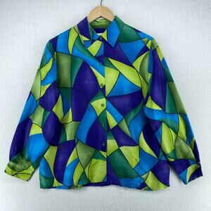 C.L.O.T.H.E.S. Shirt L 100% Silk Geometric Button Up Long Sleeve Green Vintage